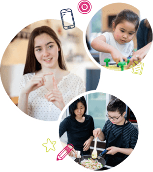 A teen girl using sign language, a young girl receiving occupational therapy and a young boy cooking with a woman