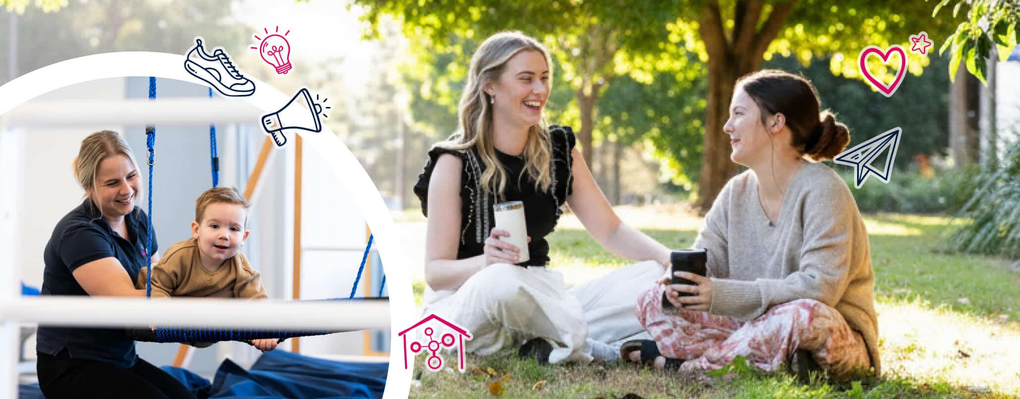 Two women sitting in a park setting, smiling at each other