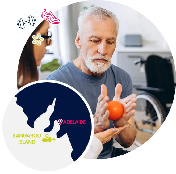 A collage of images demonstrating where Kangaroo Island is in relation to Adelaide, and a photo of a man receiving outreach services