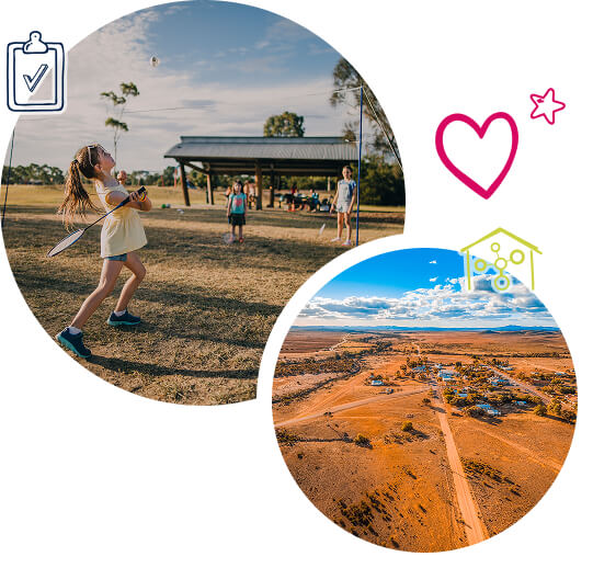 Collage of images of the outback and children playing